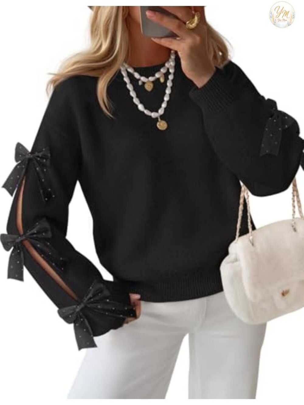 Oversized Chunky Knit Sweater with Bow Sleeves Crew Neck Pullover